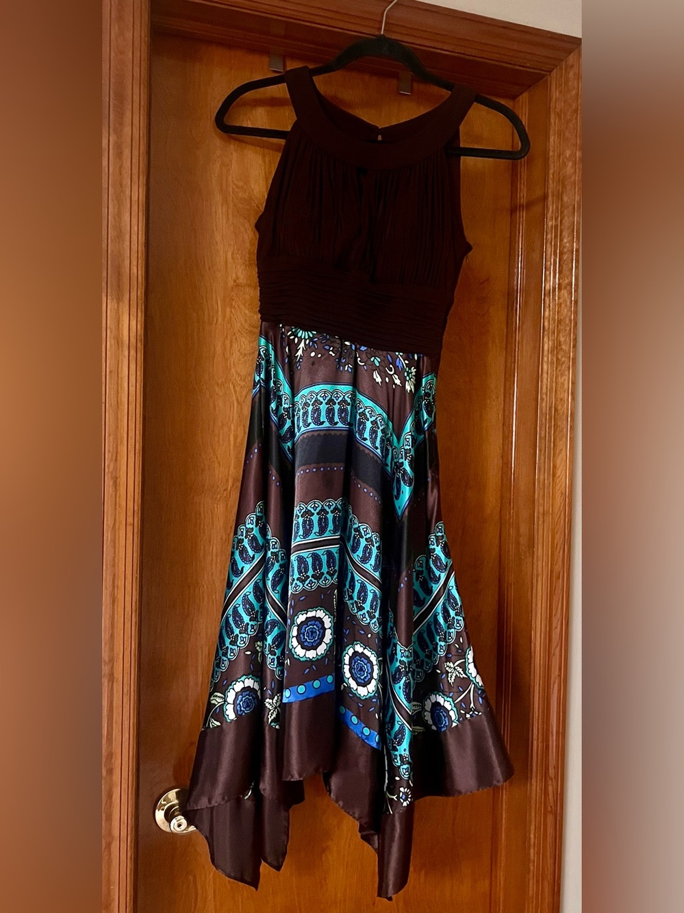 Signature by Sangria Brown Halter Maxi Dress with Teal Print